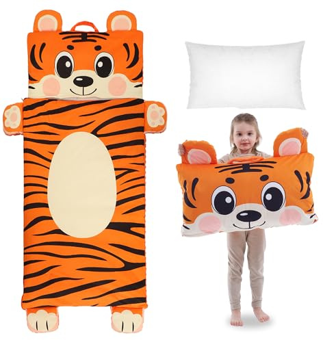 Wizland Kids Sleeping Bag with Pillow Boys Daycare Mat Flannel Tiger Nap Preschool Rest Mats-Kindergarten, Fluffy Warm Portable Tiger Nap Thick Nap Roll for Toddlers-61.8×28.3