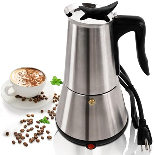 Stainless Steel Electric Moka Pot 6 Cup 300ml Express Coffee Maker Stovetop Espresso Portable Coffeemaker Italian Classic Brewing Greca Cafe Mocha with Removable Base and Overheating Protection 10oz