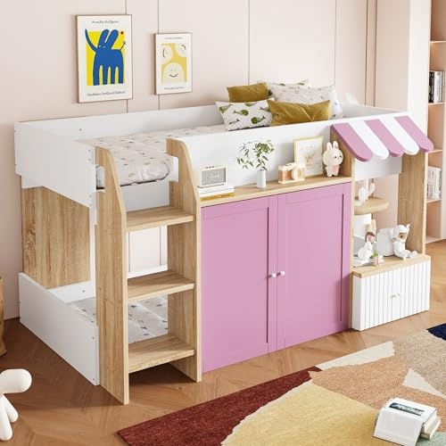 TOBIDOEN Kinderbett Halbhochbett 90x200 cm mit Leiter, Etagenbett mit Offenem Raum, Als Spielecke oder Schlafbereich Nutzbar, Flügeltüren und Stauschränke, Ohne Matratze, Weiß+Rosa+Holzfarbe