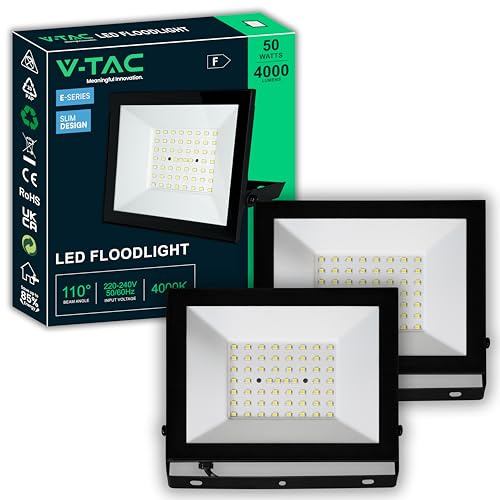 V-TAC 2x Fari LED da Esterno 50W - [ E-Series - Alte Perfomance, Bassi Consumi ] - Super Slim Design - 4000 Lumen - IP65 - Proiettore per Casa, Garage, Magazzino - Impermeabile - Luce Naturale 4000K