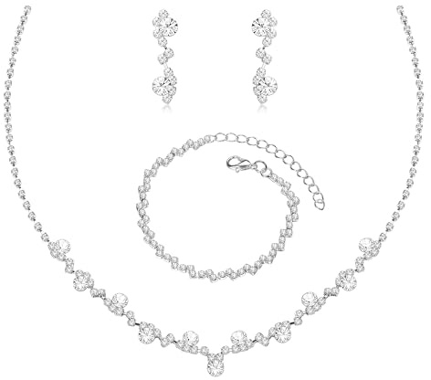 Roheafer Set di Gioielli da Sposa con Strass e Cristallo Collana Choker Girocollo, Bracciale e Orecchini Pendenti a Goccia per Donna, Accessori per Matrimonio Ballo Prom Festa Compleanno(LBC)