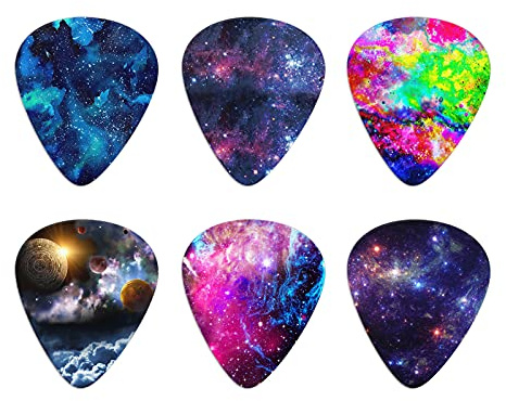 Howilath Galaxy Bunte Daumenplektren für Gitarren, einseitiger Druck, 0,96 mm, 6 Stück für Akustikgitarre, E-Gitarre, Bass, Ukulele, Banjo