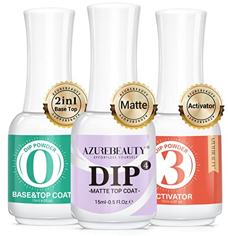 AZUREBEAUTY Dip Powder Liquid Set Base & Top Coat with Activator Matte Top Coat Comprehensive Professional Dipping Powder Essential Set for Dip Nail Art 15 ml 0.5 Oz Fast Dry No Nail Lamp Needed