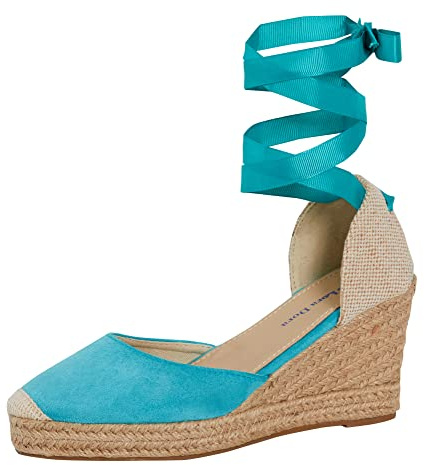 Lora Dora Dam Espadrille kil sandaler dam rem hessiska kilar sommarskor ankel knytning ben remmar, Turkos, 37 EU