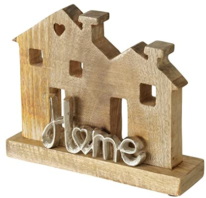 Dekoaufsteller Holzhäuser aus Mangoholz mit Schriftzug Home – silber | Handgefertigtes Unikat, ideal als Einzugsgeschenk fürs Bad, Wohnzimmer oder Flur, mit Filzgleitern, Aluminium – Seaside No.64