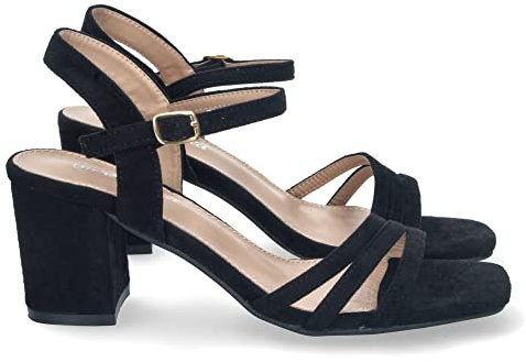 shoes&blues.es 72091-Sandalia de Tacon para Mujer, Comoda, con Palas Finas, Talon Abierto, y Cierre de Hebilla, Primavera Verano 2023. Talla 36 Negro