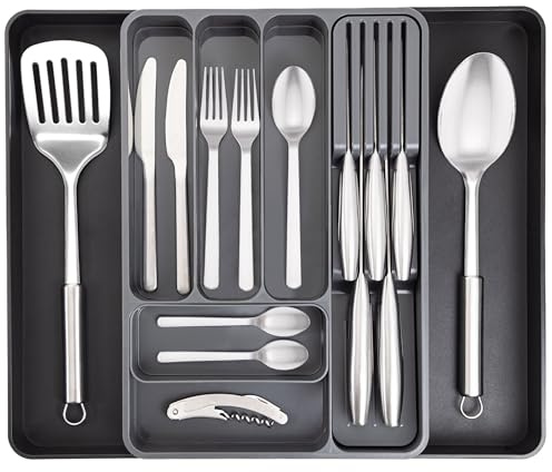 nuovva Cutlery Drawer Organiser – Adjustable Utensil Tray for Drawers – Expandable Cutlery Set Holder – Compact Drawer Divider for Knives, Forks and Spoons – Black & Grey
