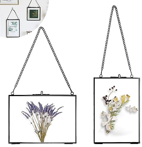 Nizirioo 2PCS Hängend Bilderrahme Glasrahmen Wandbehang: Bilderrahmen aus Glas und Metall, Bilderrahmen Durchsichtig Beidseitig für gepresste Blumen Fotos(Schwarz, 13x18cm, Rechteck)
