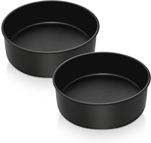 Herogo 8 Inch Cake Tin, Non-Stick Round Stainless Steel Cake Tin Set of 2, 7.5cm Small Deep Baking Tray for Brownie, Cake, Lasagne, Pie, Healthy & Non-Toxic, Durable & Easy Clean (21.2 cm, Black)