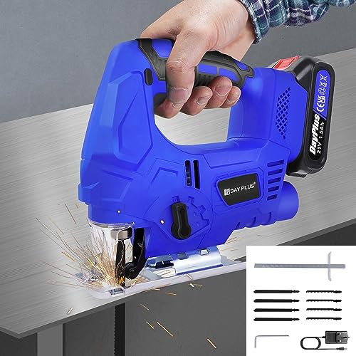 Cordless Brushless Jigsaw, 400W Electric Jigsaw Tool, 3000SPM Compact Jigsaw Power Tool with Blade and 1500mAh Li-ion Battery, Max Cutting Depth 100mm, 4 Orbital Sets, 0°-45° Bevel Cutting, LED Light