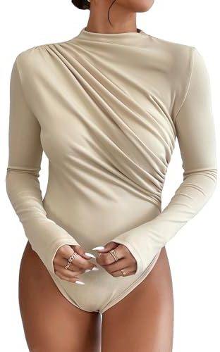 SweatyRocks Women's Bodysuit Mock Neck Casual Ruched Long Sleeve Jumpsuit Apricot M
