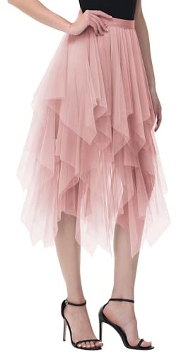 Gonne da donna in tulle High Low a strati gonna plissettata midi asimmetrica gonna di carnevale elegante morbida al ginocchio puffy gonne da fata, Colore: rosa., Taglia unica
