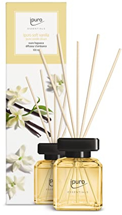 ipuro - Essentials Raumduft Soft Vanilla 100ml | Raumerfrischer mit Vanille, Sandelholz, Lakritz, Pfirsichblüte & Karamell Duft Aroma | Diffuser mit Stäbchen | Lufterfrischer für die Wohnung