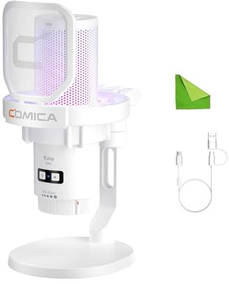 comica EJoy Uni (D)-Microfono bianco per computer e smartphone, microfono da gioco a condensatore cardioide RGB per podcasting, streaming, registrazione, con supporto da tavolo