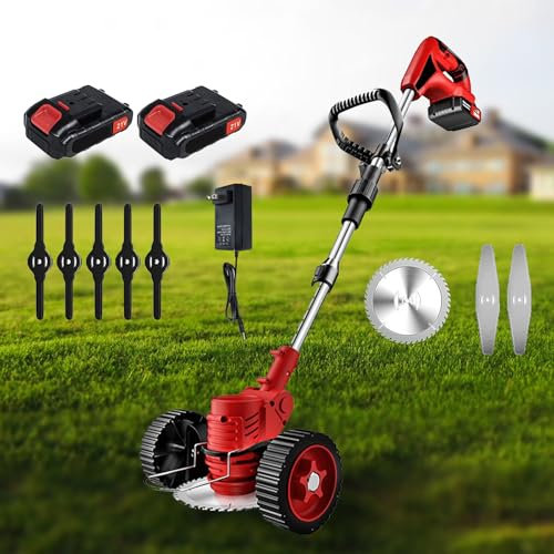 Naturalpowev Désherbeur électrique sans Fil alimenté par Batterie avec 3 Types de Lames de Coupe et Roues, Coupe-Herbe, Tondeuse à Gazon pour Le Nettoyage des Mauvaises Herbes, des Arbres à Fleurs