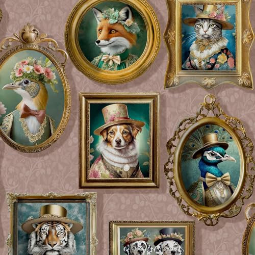 Imprimés d'animaux royaux dans des cadres photo dans des costumes de style victorien Papier peint parfait pour les murs d'accent, les chambres, rose Holden 13793