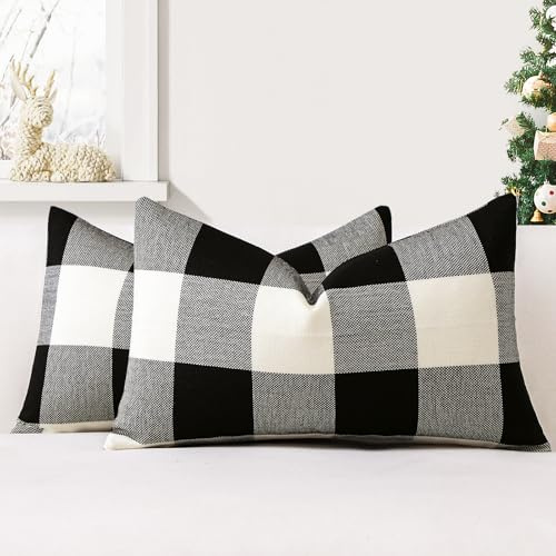 JOTOM 2er Set Buffalo Plaid Kissenbezüge, Dekorative Weich Plaid Wurf Kissenbezug Moderne Kissenhüllen Sofakissen Dekokissen Zierkissenbezug für Wohnzimmer Schlafzimmer Deko (40x60cm, Weiß+Schwarz)