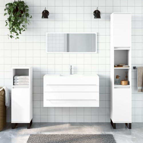 Homgoday Badrumsskåp med spegel, tvättställsunderskåp, badrumsmöbler, set, badrumsskåp med förvaringslåda, förvaringsskåp för badrum, vit, trä