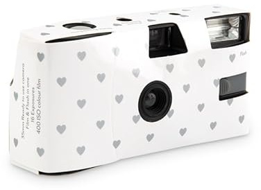 Weddingstar Disposable Camera with Flash - Single Use 35mm Film Camera for Wedding or Party Favors - Silver Hearts (10 Pack)