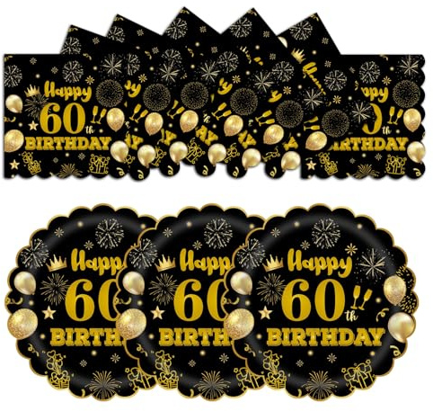 HFBOBP 50 Stück 60. Geburtstag Party Pappteller und Servietten, 17.78cm Einweg Schwarz und Gold Scalloped Dessert Partyteller Party für Hochzeit Jahrestag Dekorationen