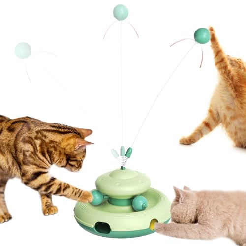 Ysityum 3 in 1 Interaktives Katzenspielzeug Für Den, Katzenspielzeug Mit Federn, Drehende Spielzeugkugeln, Automatisch Interaktiv, Aktivitätsspielzeug Für Katzen Aller Größen (grün)