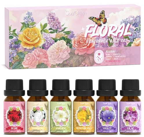 SoulOrigin ätherische Öle Ätherisches Pflanzenöl Floral Duftöle Set, Duftöl Set für Öldiffusoren, Duftöle für Seifenkerzen Herstellung 6x10ml - Rose, Gardenia, Jasmin, Honeysuckle, Violett und Lila