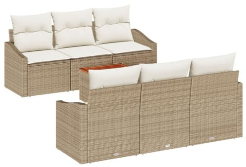 vidaXL 7-delat Trädgårdsoff Set med Kuddar Beige Poly Rattan Akacia Väderresistent Design Idealisk för Utomhusutrymmen Möbler Sittplatser Patio