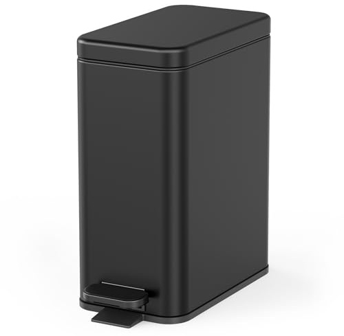 Cesun Bathroom Trash Can with Lid, 2.6 Gallon Small Black Bathroom Garbage Can Soft Close, Stainless Steel Waste Basket with Step Pedal for Bedroom, Laundry Room, Living Room, Home Office, Toilet, RV