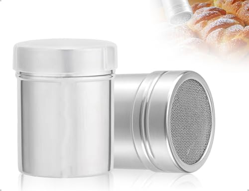 AOYEGIC Confezione da 2 shaker per zucchero a velo, shaker per cacao in acciaio inox con coperchio a maglia fine, ideale per cappuccino, caffè, cioccolato, zucchero e sale, ideale per scuola e casa