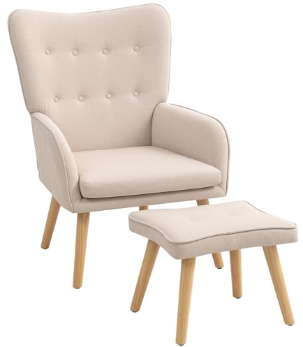 HOMCOM Sillón con Reposapiés Sillón Lectura con Respaldo Alto Capitoné Asiento Amplio Patas de Madera y Tapizado en Lino Butaca para Salón Dormitorio Oficina Beige