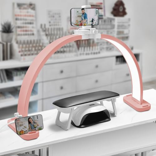 CGBE Mezza Luna Lampada per Unghie con Portacellulare per Tatuaggi Manicure | 30 Pollici - 45W - 3000-6500K Dimmerabile con 3 Modalità di Colore - LED Lampada da Scrivania per Unghie - Rosa