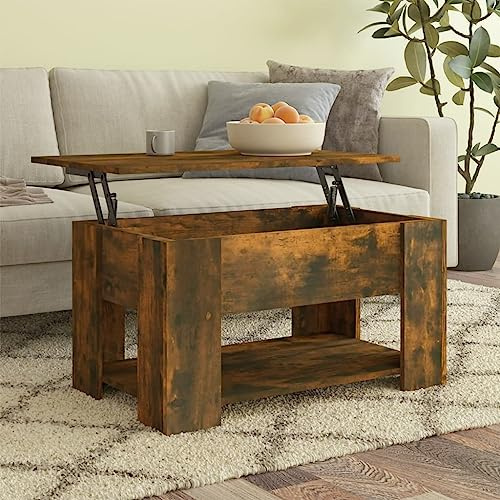 Mesa de Centro, Material Madera Contrachapada, Tablero Ajustable y Compartimento Oculto, Multifuncional y Resistente, Mesa Auxiliar Sofá,para Salón o Comedor, Color Roble Ahumado, 79x49x41 cm