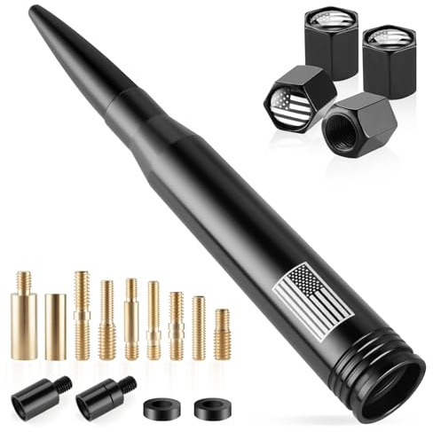 BJSIA American Flag Car Truck Antenna with Valve Stem Caps - Universal Compatible with Ford, Dodge, Chevrolet, GMC, Jeep, Toyota Truck Car Accessories, Anti-Theft Antenna Topper - Black