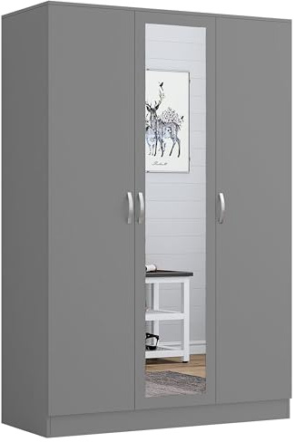 Nera 3 Door Wardrobe for Bedroom 120cm Wide with Mirror Shelves and Hanging Rail Storage Cabinet (Grey)