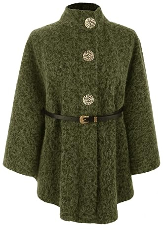 Ladies Women Italian Lagenlook Batwing Funnel Neck 3 Button Textured Belted Cape One Size