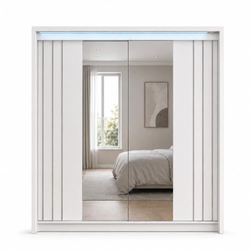 GLOSSIQUE High Gloss Sliding Door Wardrobe, White Mirrored Bedroom Wardrobes with Storage Shelves & LED Light - 165cm