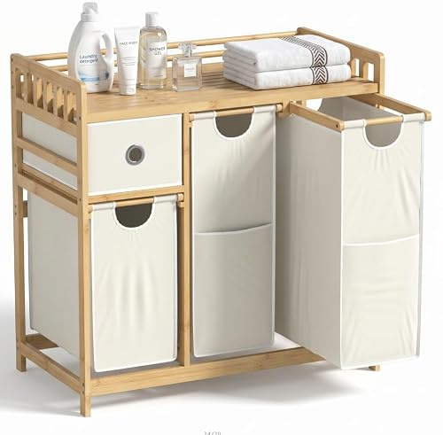Yvsevnr Wäschekorb 3 Fächer Bambus, Wäschesammler 127 L, Wäsche Sortiersystem, Wäschesortierer mit Schublade, Wäscheregal, Wäschesack für Bad Schlafzimmer Waschküche 78 x 41 x 78 cm