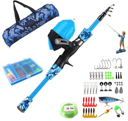 Caña de Pescar para niños: Kit Completo de Pesca para Principiantes con caña telescópica, Caja de Aparejos, carretes y Bolsa para Pescadores jóvenes, Equipo de Pesca de 1, 5 m para niños, Azul