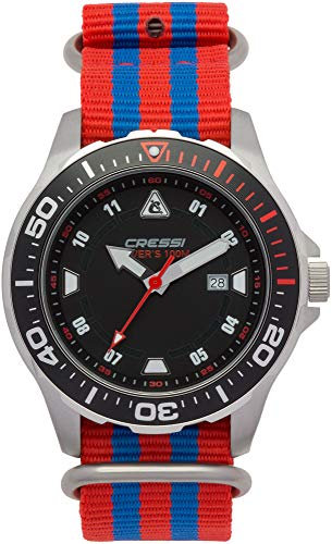 Cressi Manta, Orologio Professionale Subacqueo Unisex Adulto 100 m/10 ATM, Argento (Silver)/Nero/Cinturino Rosso/Blu, Taglia Unica