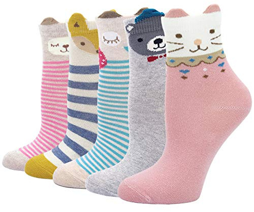 ZAKASA Filles Chaussettes Thermiques en Coton,Chaussette Fantaisie Enfants Fille Bebe Chaussettes Animaux,Hiver Fille Chaussettes épais Socquettes,5 Paires,2-4 ans(S)