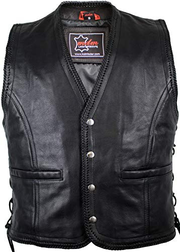 MDM Chaleco de cuero para hombre estilo motero, Piel de vacuno auténtica, negro, botones a presión, cordones trenzados, forro de poliéster (FR/ES, Letras, L, Regular, Regular)