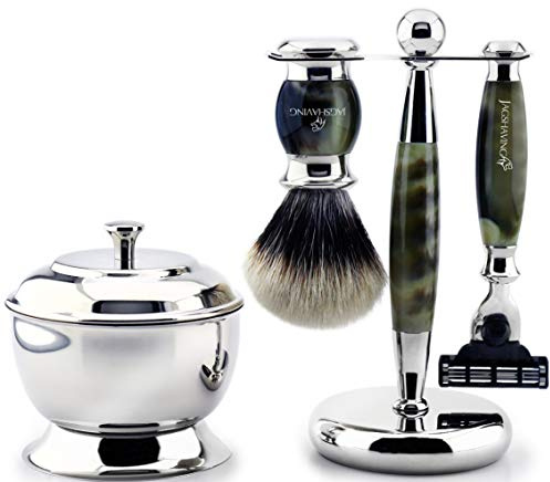 Newly Designed by JagShaving .Horn Replica Handle - 3 Piece Set with 3 Edge Disposable Cartridge Razor, White Synthetic - Silver Tip Badger Hair Brush, Stand & Steel Bowl. Limited Edition !!!