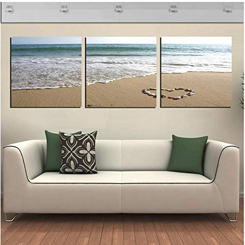Trittico Quadri su Tela 3 Pezzi Ciottoli A Forma di Cuore sulla Spiaggia del Mare Creativo Arte Pittura A Olio Corridoio Soggiorno Camera da Letto Murale Moderna Calda Casa Decor Appeso Immagine-D2