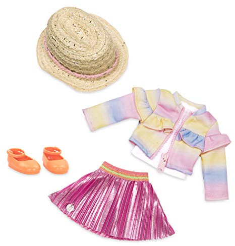 Glitter Girls Deluxe dockkläder 36 cm dockor veckad kjol & volangjacka outfit – kjol, regnbågsjacka, solhatt och sandaler – tillbehör för dockor, leksaker från 3 år