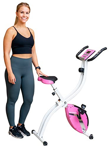 YYFITT Basic Foldable Fitness Exercise Bike with 16 Level Resistance, Countdown Exercise Monitor, Phone/Tablet Holder and Hand Pulse for Home Use (Pink)