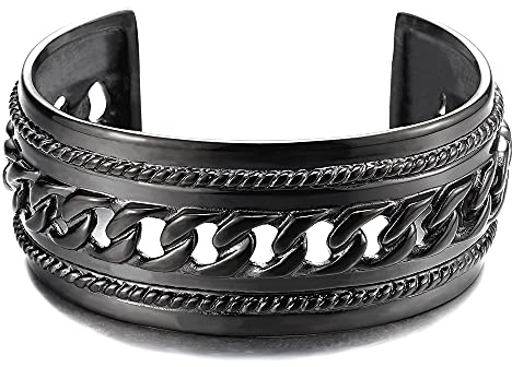 COOLSTEELANDBEYOND Männlich Breiten Herren Damen Schwarz Armband Armreif aus Edelstahl Farbe Silber mit Panzerkette Ornament