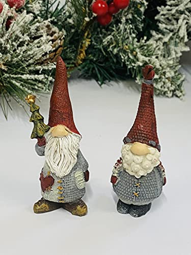 Mezzaluna Gifts Gnomo natalizio statuetta tradizionale rosso e grigio nordica ornamento festivo (CAPE & TREE PAIR H9 cm x L 3 cm x P 2 cm)