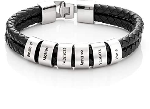 MYCLUSIV® Personalisiertes Lederarmband Herren mit Namen auf Silbernen Beads - Armband mit Gravur - Geschenk für Männer - Männerarmband - Geschenk Papa