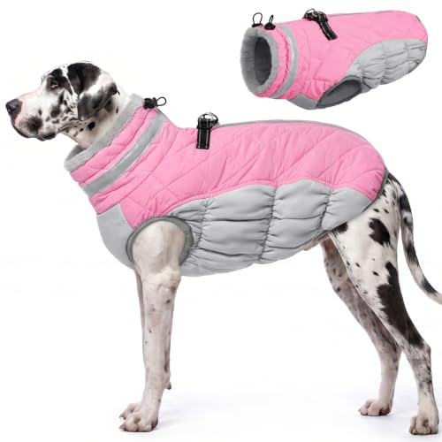 AOFITEE Extra Großer Hundemantel, Warme Wasserdichter & Winddichter Hundejacke mit Bauchschutz, Rollkragen Reflektierende Hund Wintermäntel, Outdoor Fleece Hundebekleidung für Windhund, 3XL Rosa