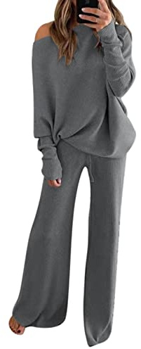 Viottiset Damen Gestrickte Eine Schulter Outfit Lässig Sweatsuits Pullover Sweater Weite Bein Hosen 2-Teilige Grau S
